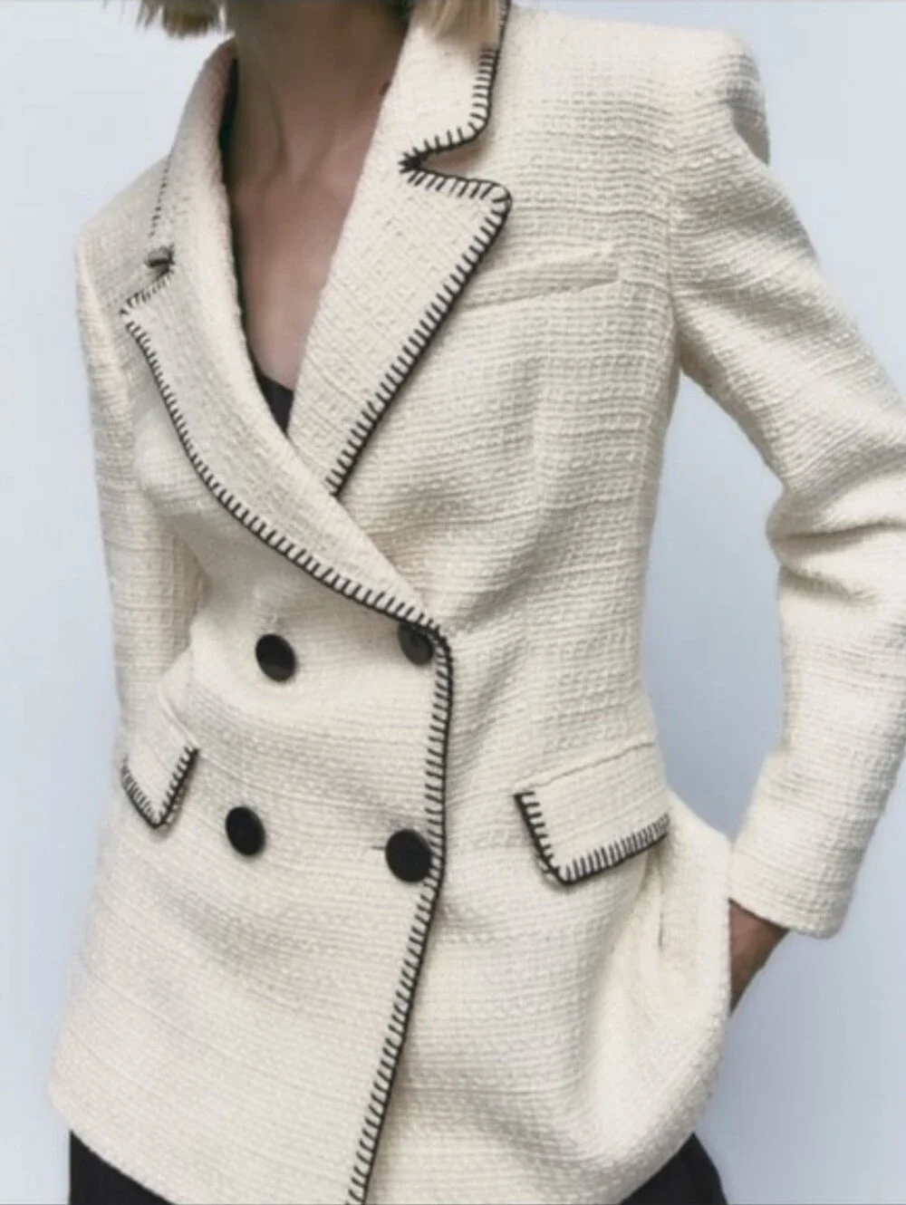 Zara  Double Breasted Whote Black Blazer Size S